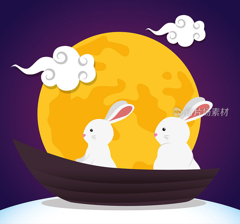 rabbits together with moon and clouds decoration